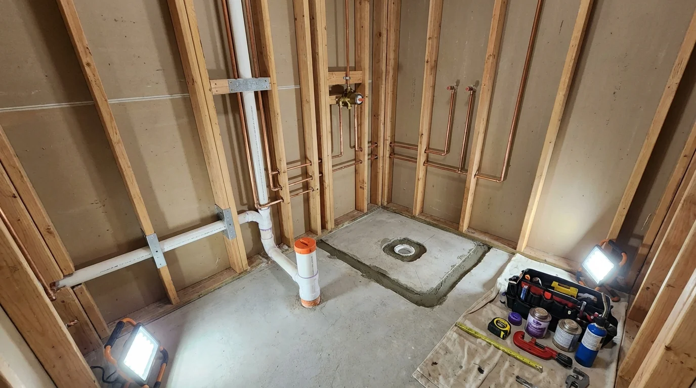 Bathroom rough-in plumbing during remodel by Johns Plumbing LLC in North Chicago