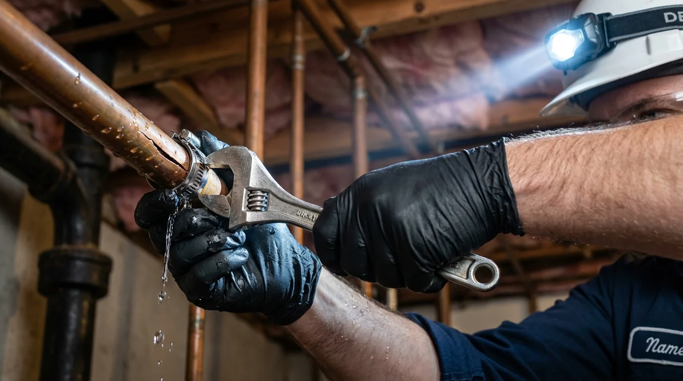 Emergency pipe clamp repair being performed by a Johns Plumbing LLC plumber in North Chicago