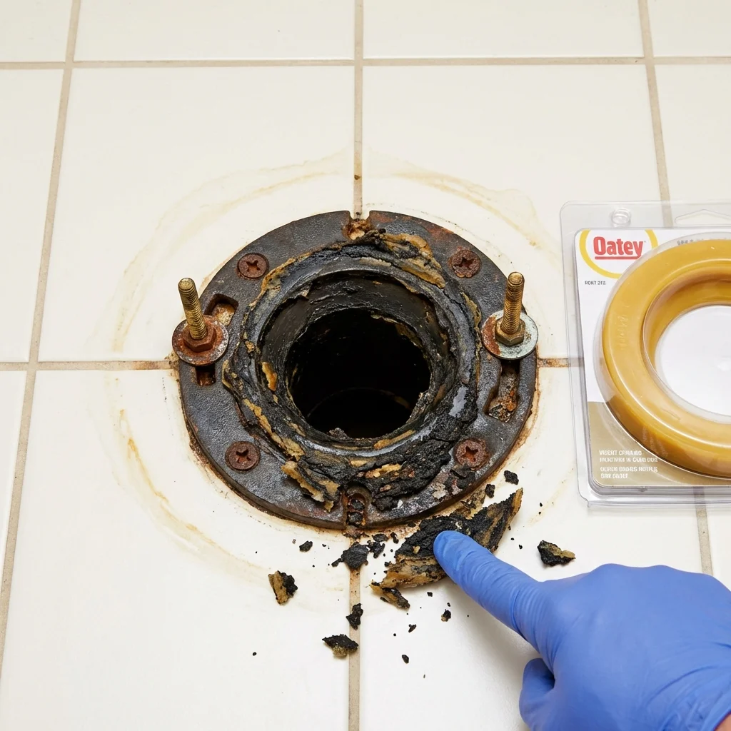 Failed wax ring showing water seepage at the base of a toilet in a North Chicago, IL home