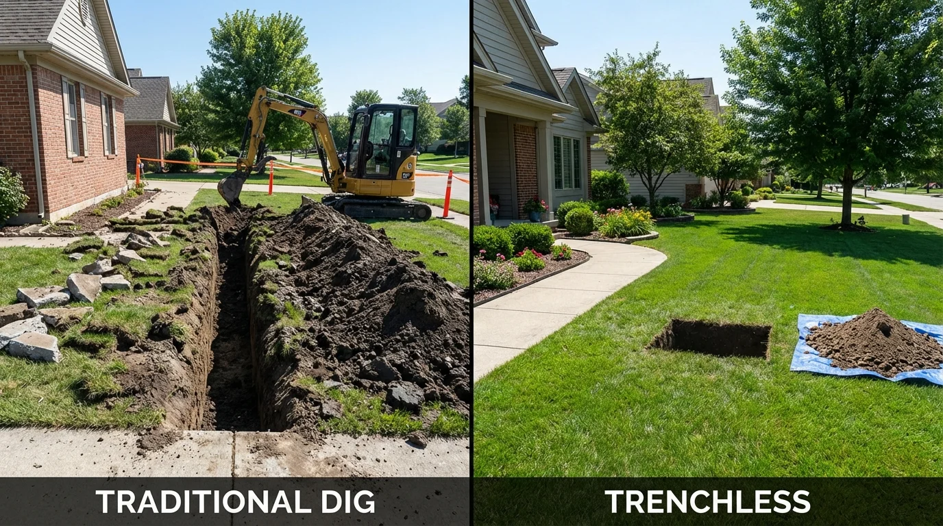 Trenchless sewer repair with minimal yard damage versus traditional excavation in North Chicago, IL