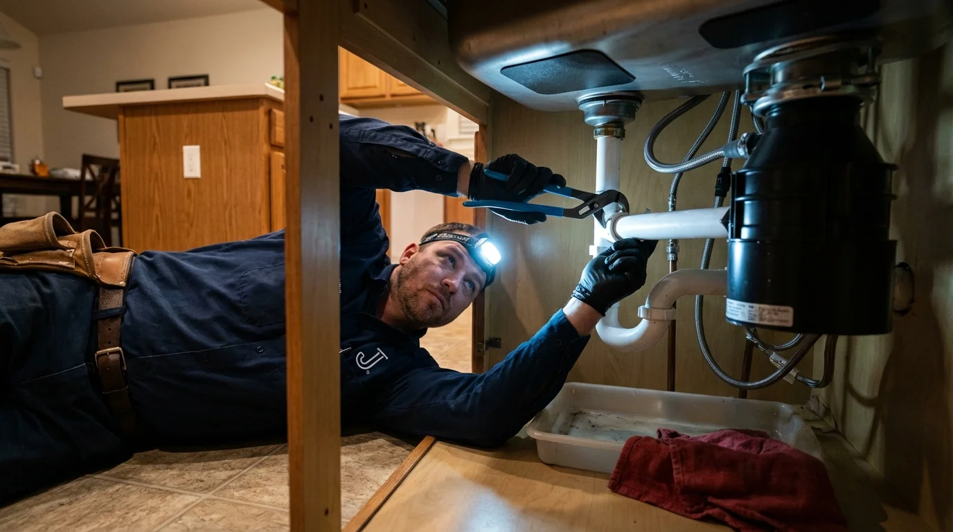 P-trap and supply line connections under a kitchen sink showing a common leak point in North Chicago, IL